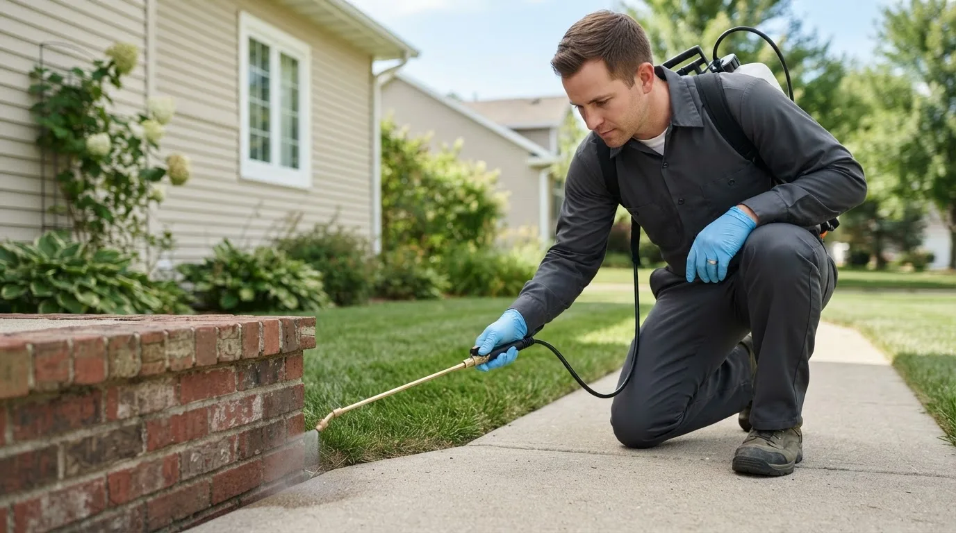 Pest control technician treating a home near Hiawatha, KS